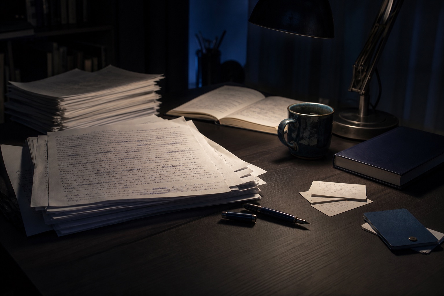 A novelist's desk with a long manuscript, reference book, index cards, and fountain pen